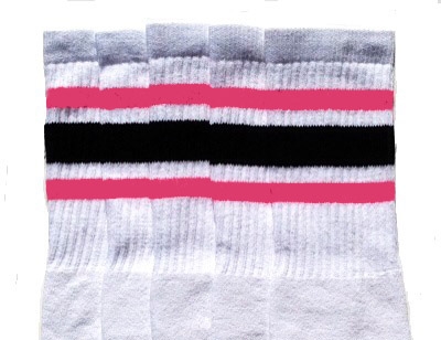 22-4 22” KNEE HIGH WHITE tube socks with BLACK/BUBBLEGUM PINK stripes style 4