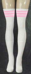 Thigh high White tube socks with Baby Pink stripes | Skatersocks
